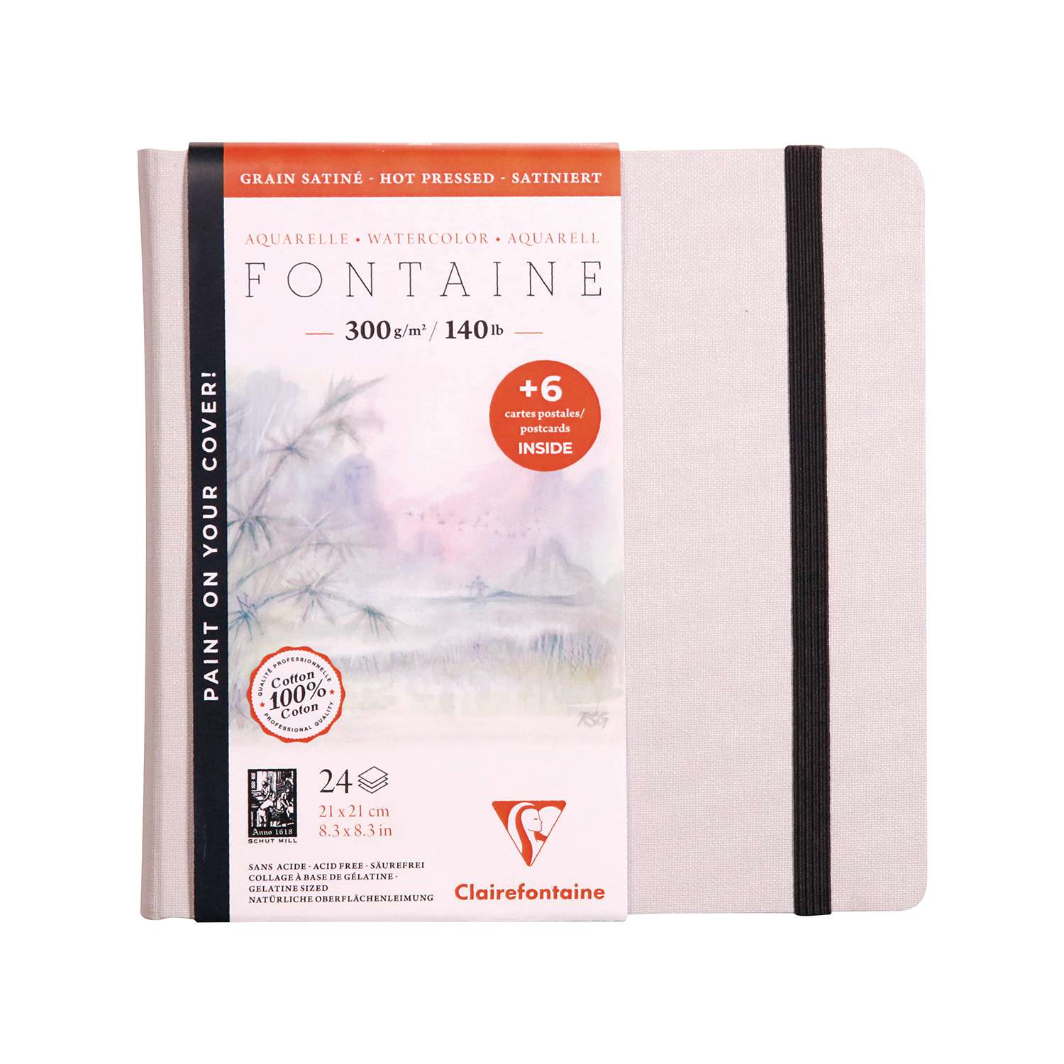 Clairefontaine 975443C - Carnet cousu de 24 feuilles de papier aquarelle  Fontaine grain satiné, 300 g/m², 21x21