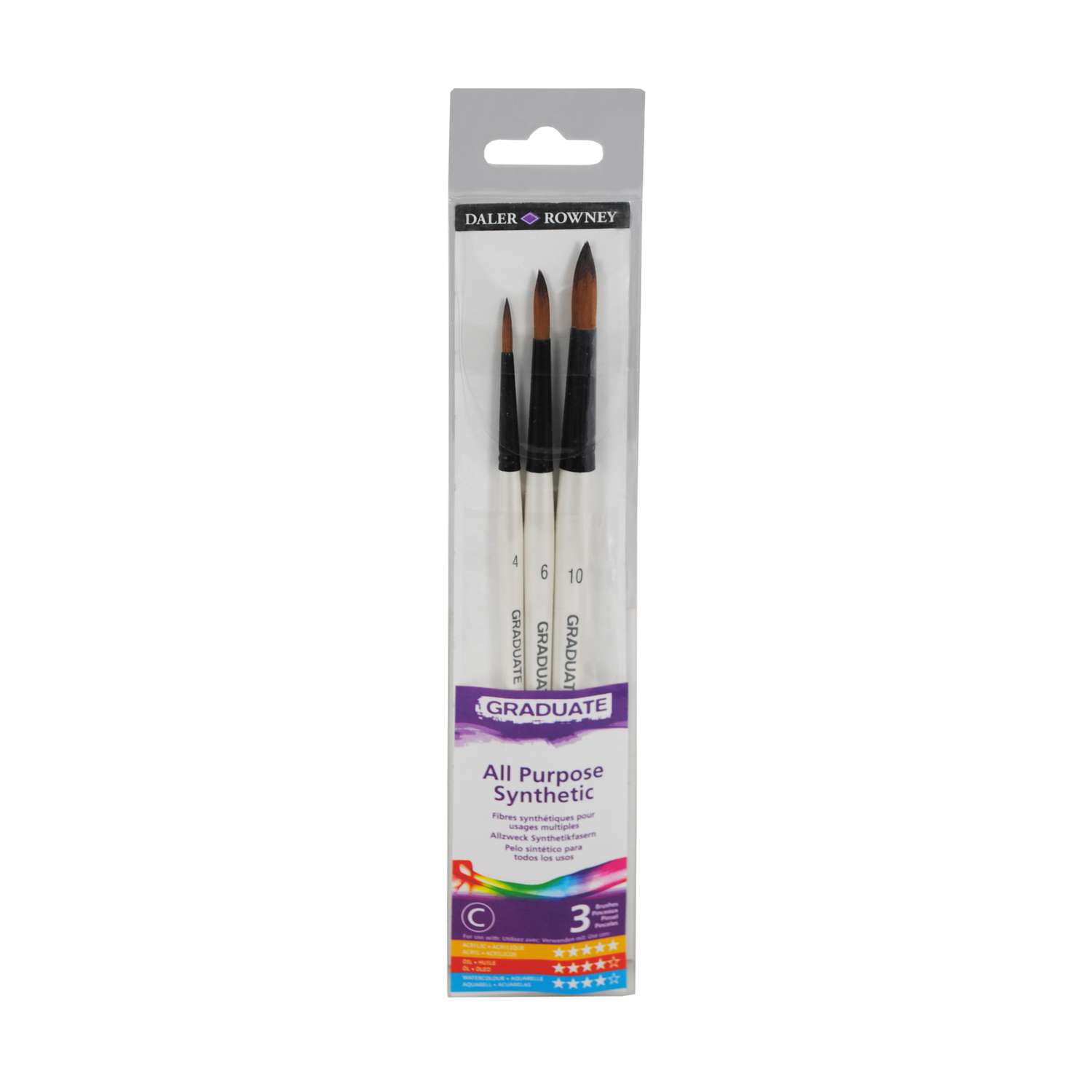 Kit De 3 Pinceaux Synthétiques Daler Rowney Graduate - Tailles 8, 12, 20 - Pour Aquarelle, Acrylique, Loisirs Créatifs