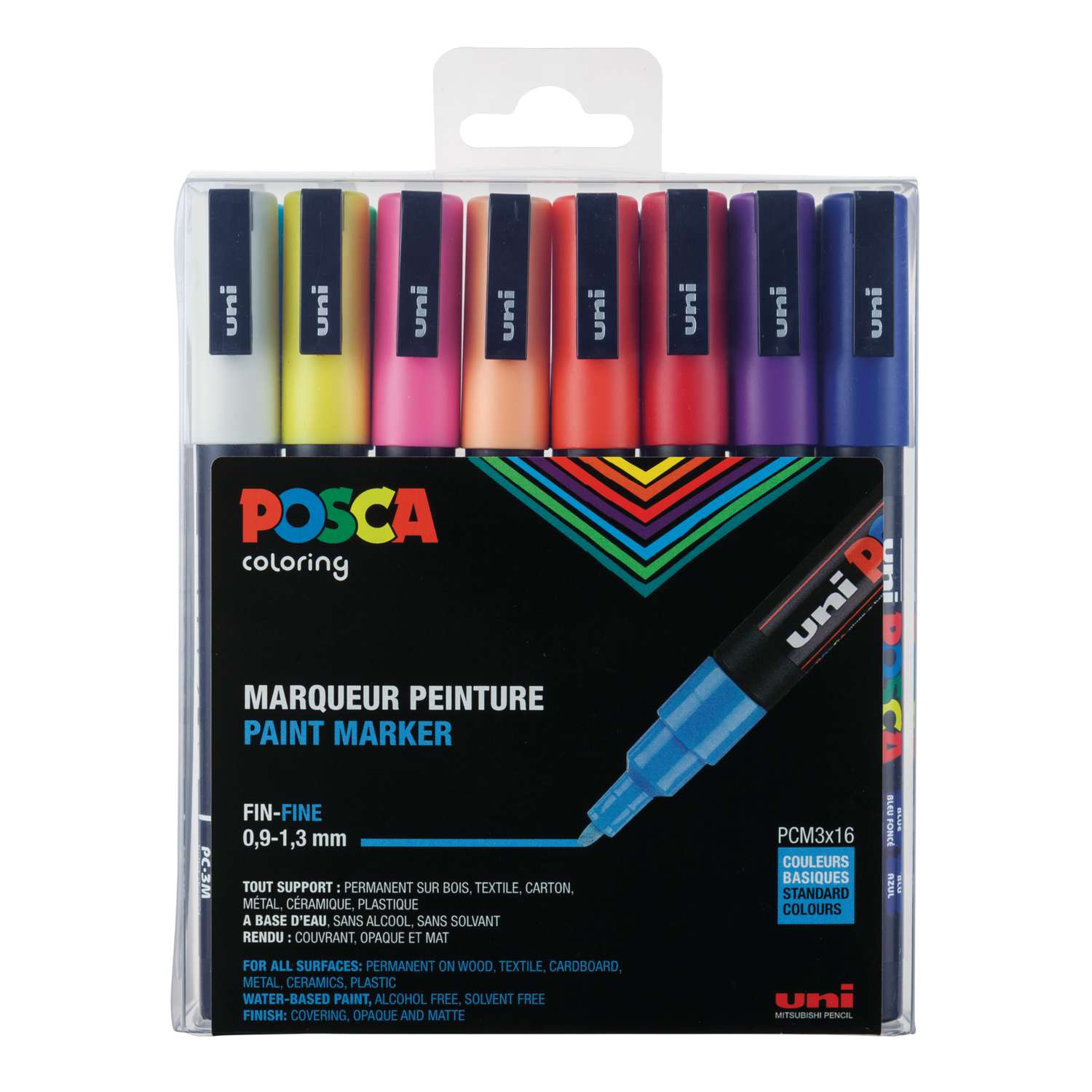 Uniball - Uni Posca - Lot de 7 marqueurs peinture à eau - Bleu, Rouge