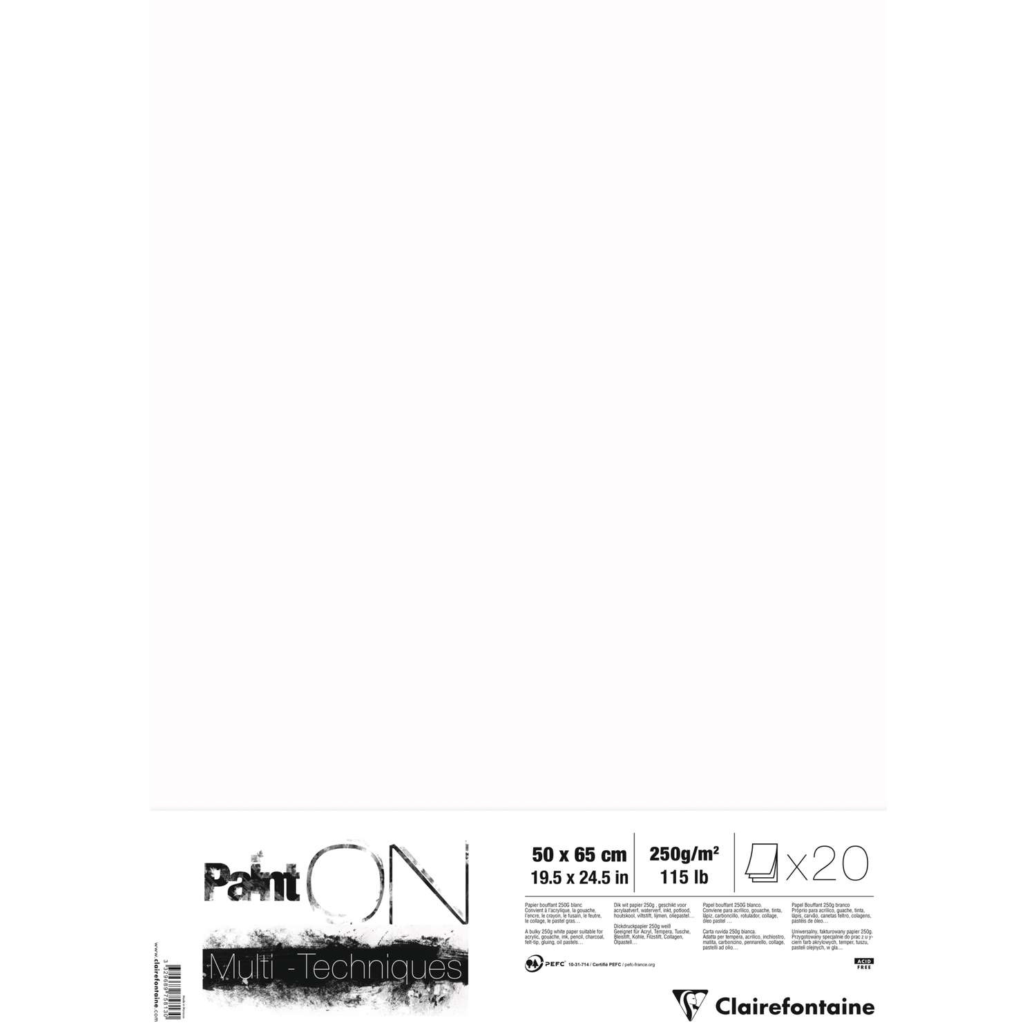Un paquet de papier dessin PaintOn 12 feuilles 59,4x84 cm 250g couleurs assorties Clairefontaine 975413C 2 feuilles en blanc, à grain, gris, naturel, noir et denim 