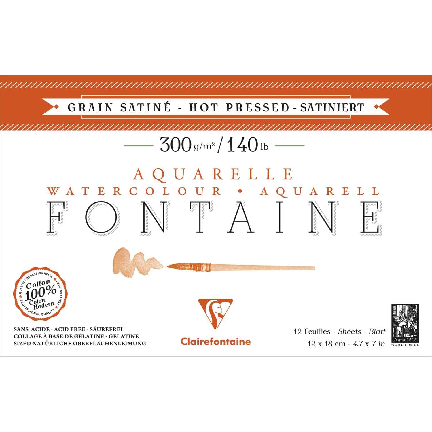 Clairefontaine 96321C - Carnet spiralé de 12 feuilles de papier aquarelle  Fontaine grain torchon, 300 g/m², 24x30