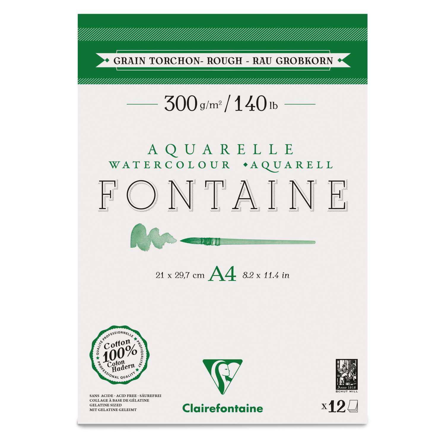 Clairefontaine 96321C - Carnet spiralé de 12 feuilles de papier aquarelle  Fontaine grain torchon, 300 g/m², 24x30