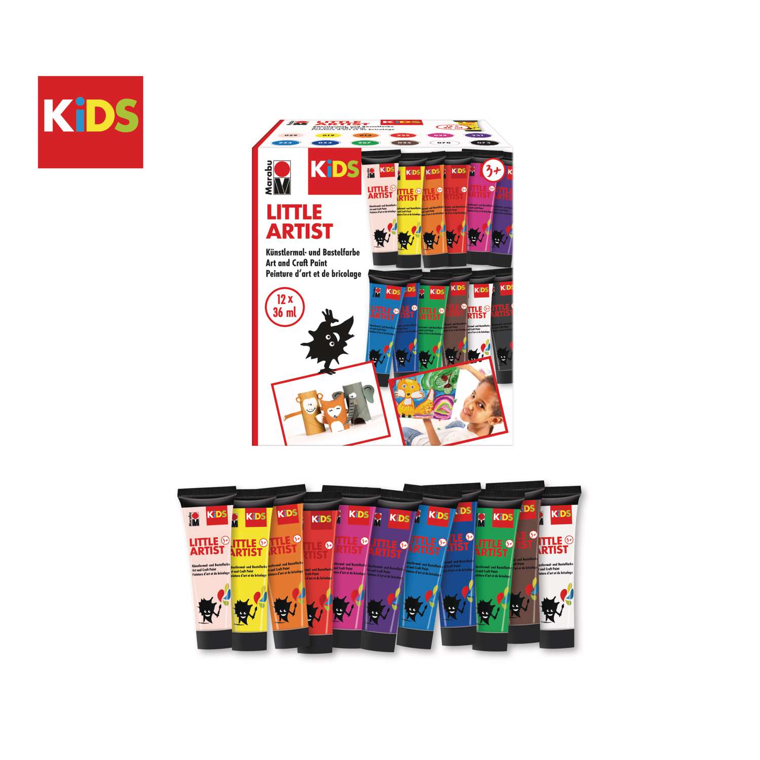 Marabu 0305000000102 - Kids Little Artist, Peinture Pour Artistes Et Travaux Manuels, 12 X 36 ML, Végétalien, Séchage Rapide, Pour Enfants à Partir De 3 Ans