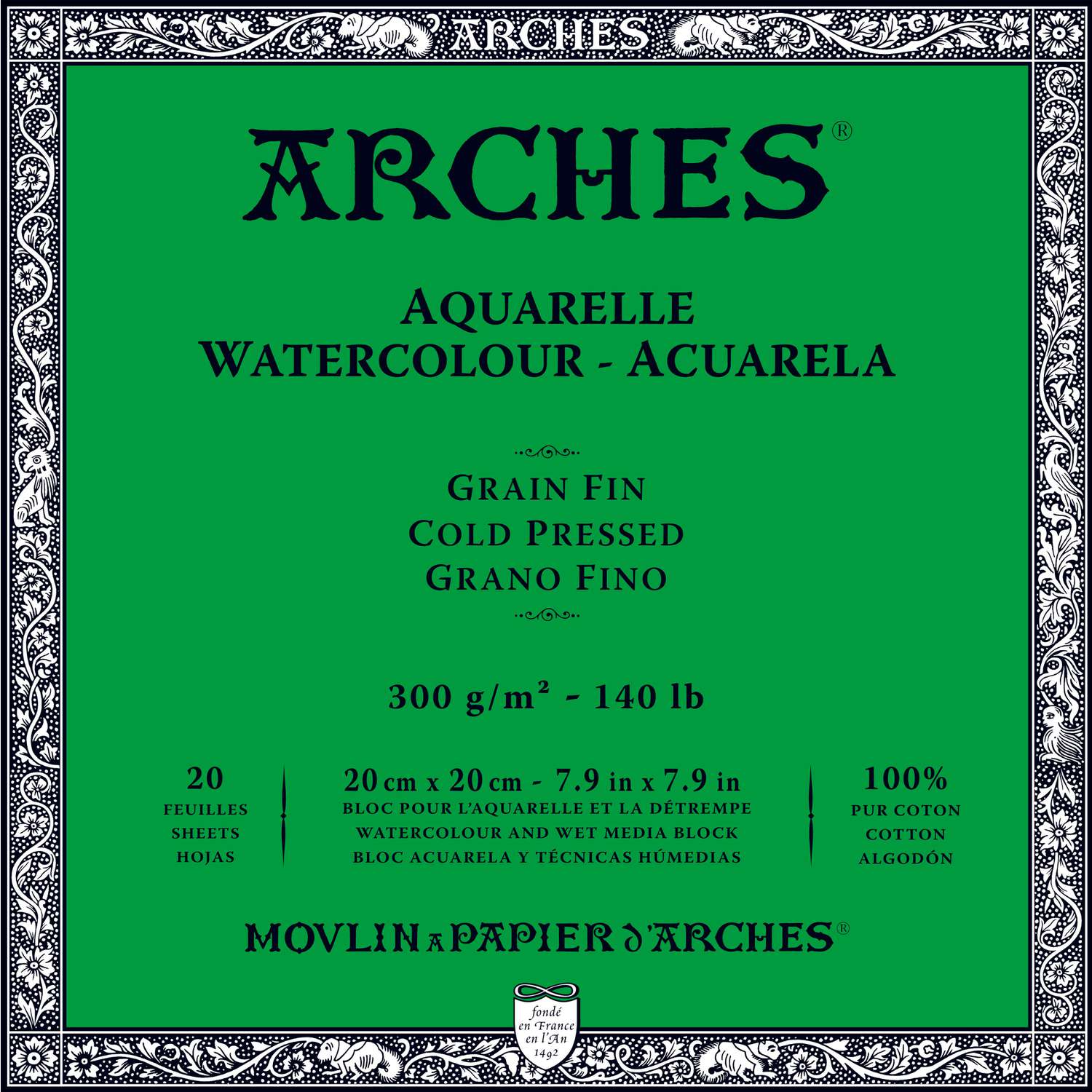 Bloc Aquarelle Arches Pressé à Froid – 300 G/m², Format 26x36 Cm, 12 Feuilles, 100% Coton