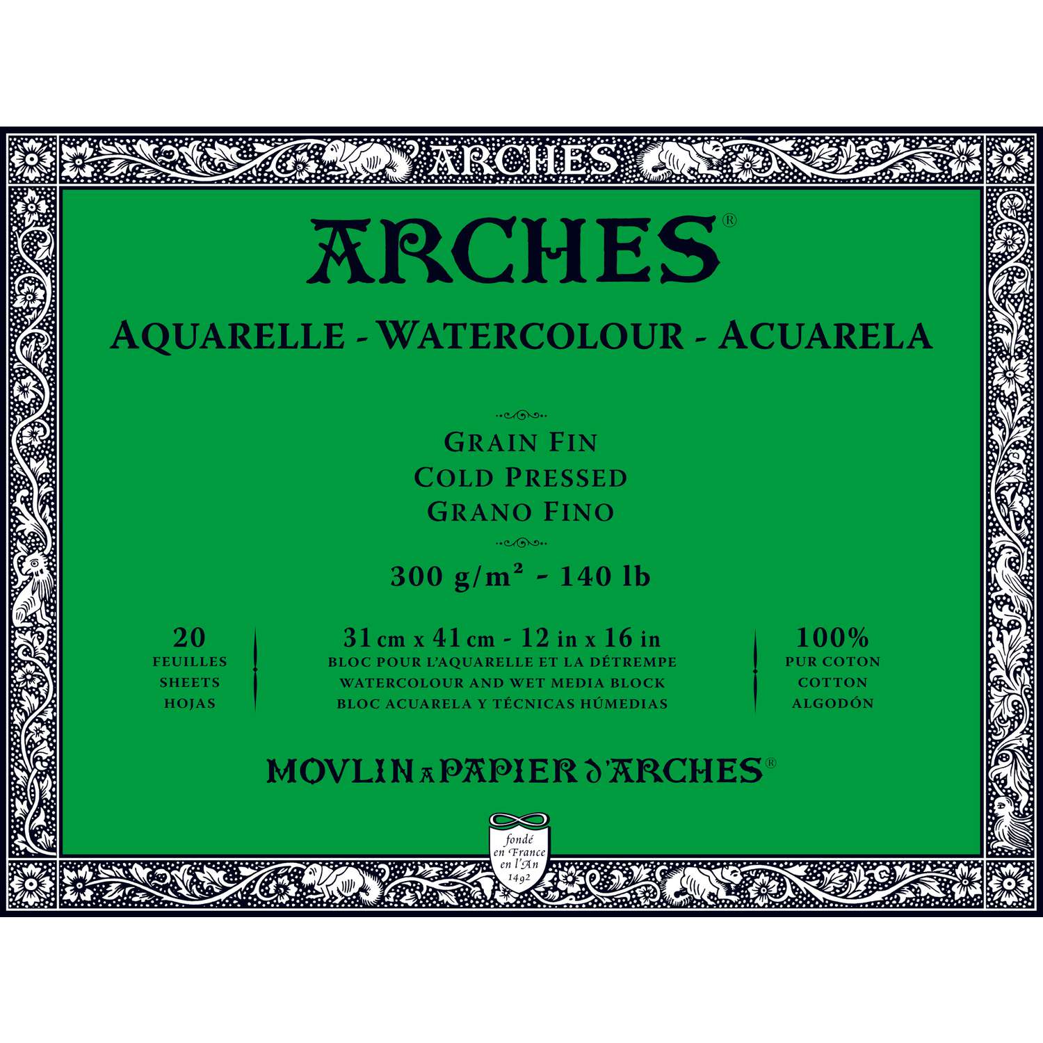 Bloc Aquarelle Arches - 20 Feuilles 23x31 Cm - 300g/m² Grain Torchon - Collé 4 Côtés - 100% Coton - Pour Aquarelle, Encre, Gouache