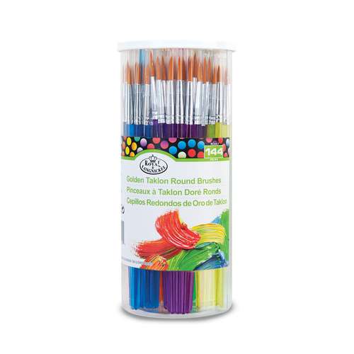 Boite cylindrique de 144 pinceaux scolaires ronds fibres Taklon dorées Royal Langnickel 
