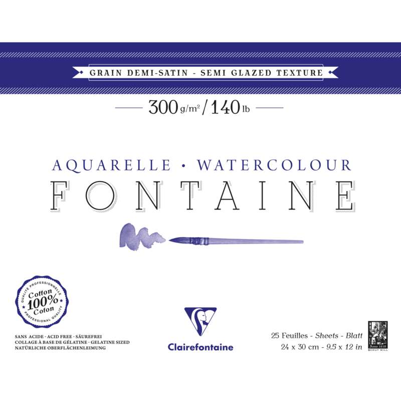Papier Aquarelle Fontaine Clairefontaine (Grain Demi-Satiné), 18 cm x 24 cm, Bloc collé 4 côtés