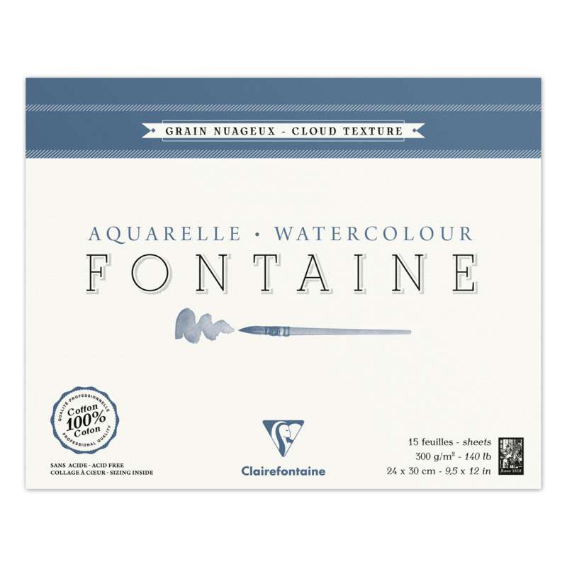 Bloc Aquarelle Clairefontaine 300g/m² (Grain Torchon Nuageux), 24 cm x 30 cm, Bloc collé 4 côtés, 300 g/m², 2. Grain Torchon