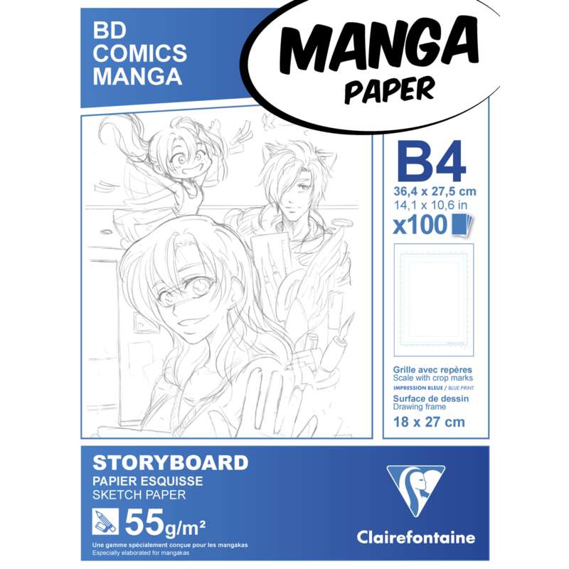 Blocs Manga storyboard Clairefontaine, B4 - 27,5 x 37,4 cm, Grille simple