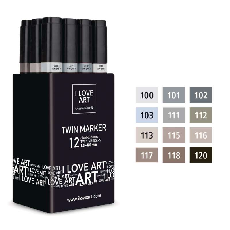 Coffret de Marqueurs Twin Marker I Love Art - nuances de gris, 1, Pointe en cône|Pointe cale, 1 mm|2-6 mm