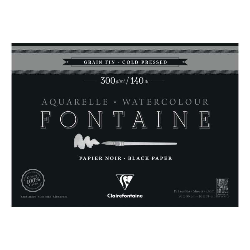Papier aquarelle Fontaine noir Clairefontaine, 26 x 36 cm - 15 feuilles, Bloc collé 4 côtés, 26 x 36 cm - 15 feuilles, Bloc collé 4 côtés