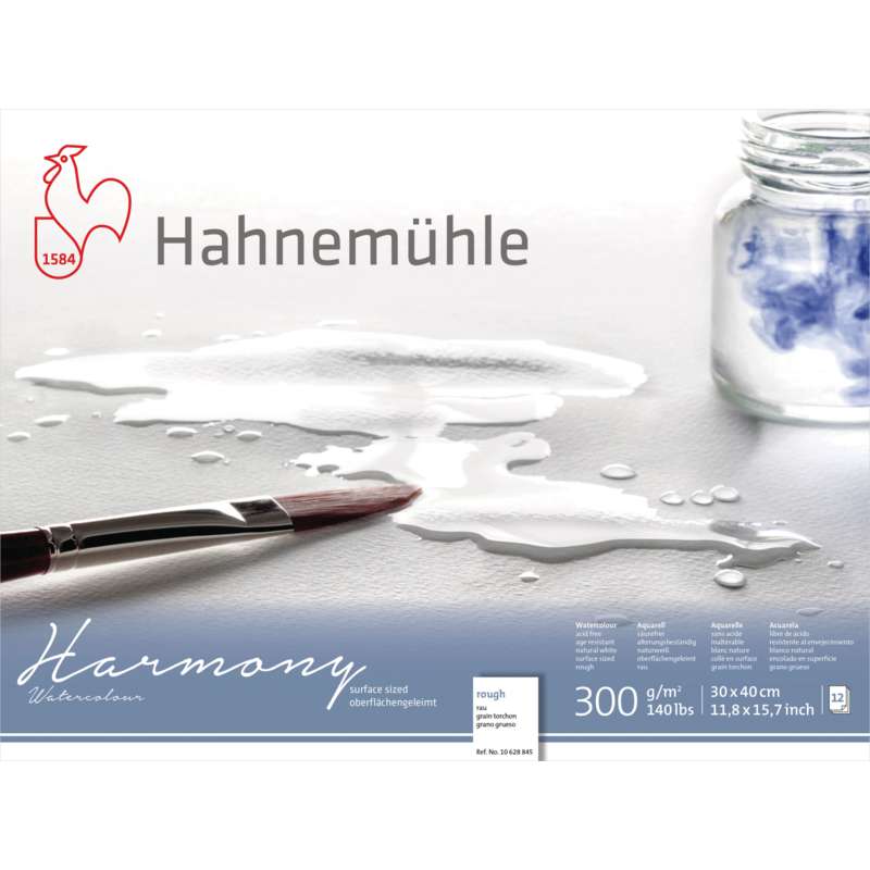 Papier Harmony Watercolour, 30 cm x 40 cm, 300 g/m², Bloc collé 4 côtés, 2. Grain torchon