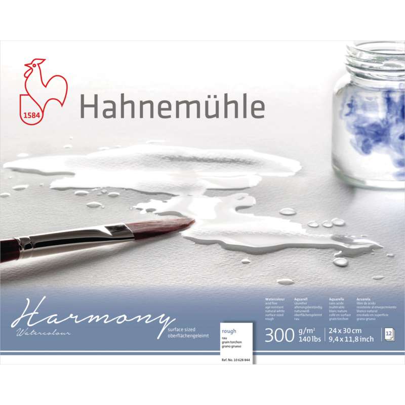 Papier Harmony Watercolour, 24 cm x 30 cm, 300 g/m², Bloc collé 4 côtés, 2. Grain torchon