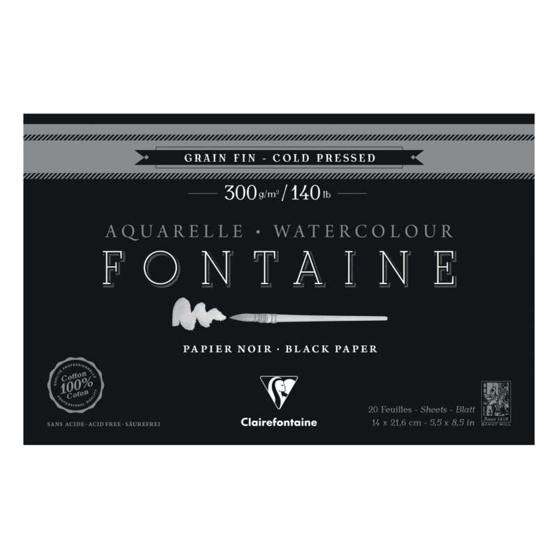 Papier aquarelle Fontaine noir Clairefontaine, 14 x 21 cm - 20 feuilles, Bloc collés 4 côtés, 14 x 21 cm - 20 feuilles, Bloc collé 4 côtés