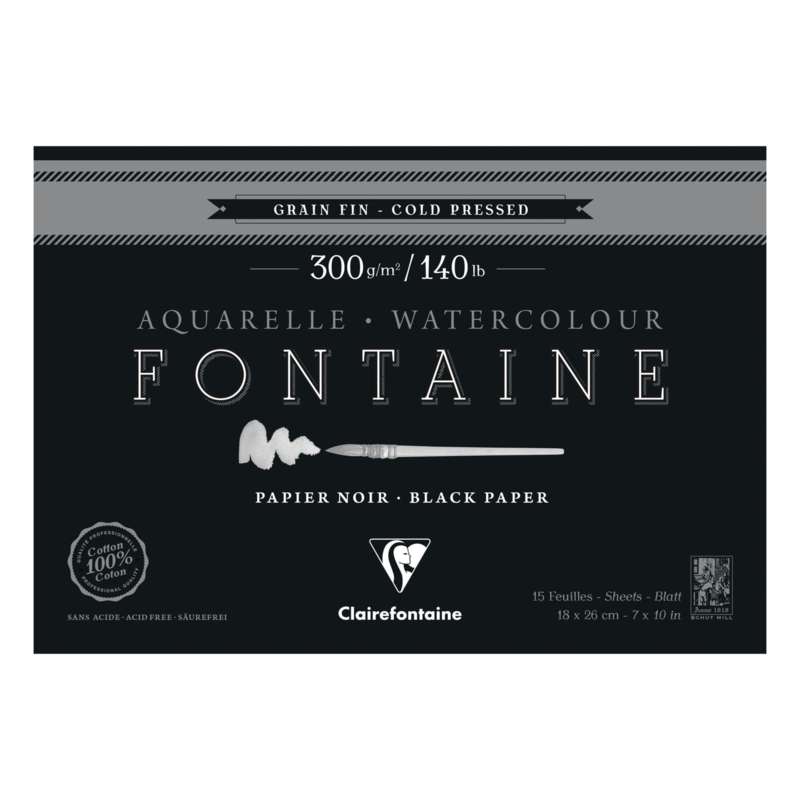 Papier aquarelle Fontaine noir Clairefontaine, 18 x 26 cm - 15 feuilles, Bloc collé 4 côtés, 18 x 26 cm - 15 feuilles, Bloc collé 4 côtés