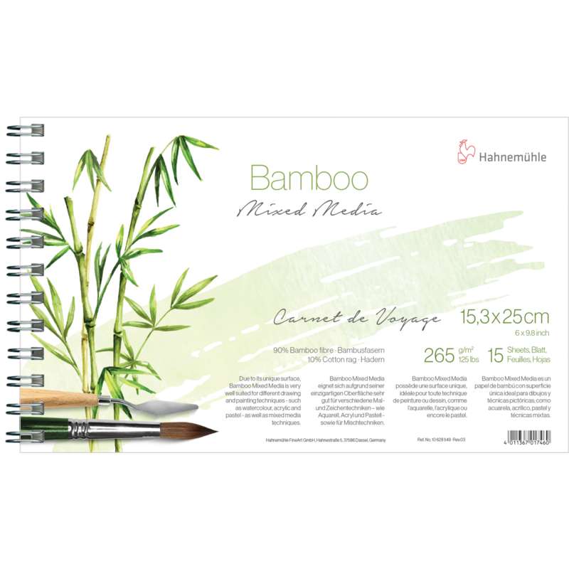 Papier Multi-Techniques Bamboo Hahnemühle, 15,3 cm x 25 cm, Carnet de 15 feuilles, 265 g/m², Bloc spiralé 1 côté