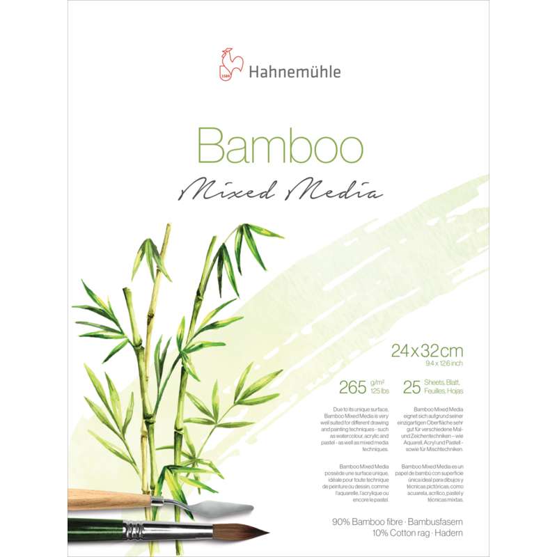 Papier Multi-Techniques Bamboo Hahnemühle, 24 cm x 32 cm, Bloc de 25 feuilles, 265 g/m², Bloc collé 2 côtés