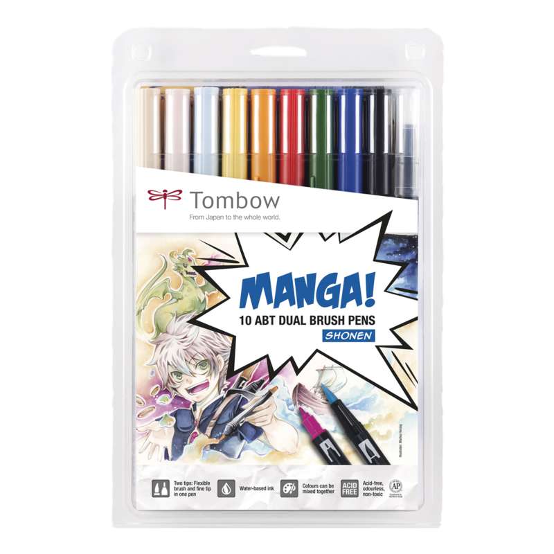 Etuis de 10 feutres Tombow Manga, Shonen, 0,8 mm, Pointe pinceau|Pointe en cône
