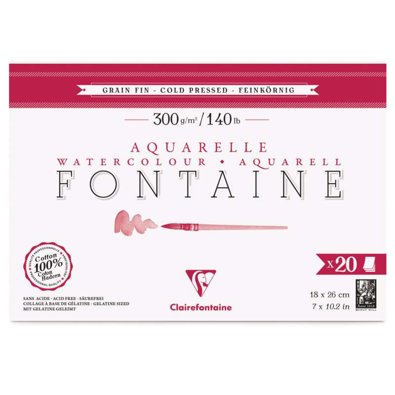 Papier Aquarelle Fontaine de Clairefontaine (Grain Fin 300g/m²), 18 x 26 cm, 300 g/m², Fin, Bloc collé 4 côtés