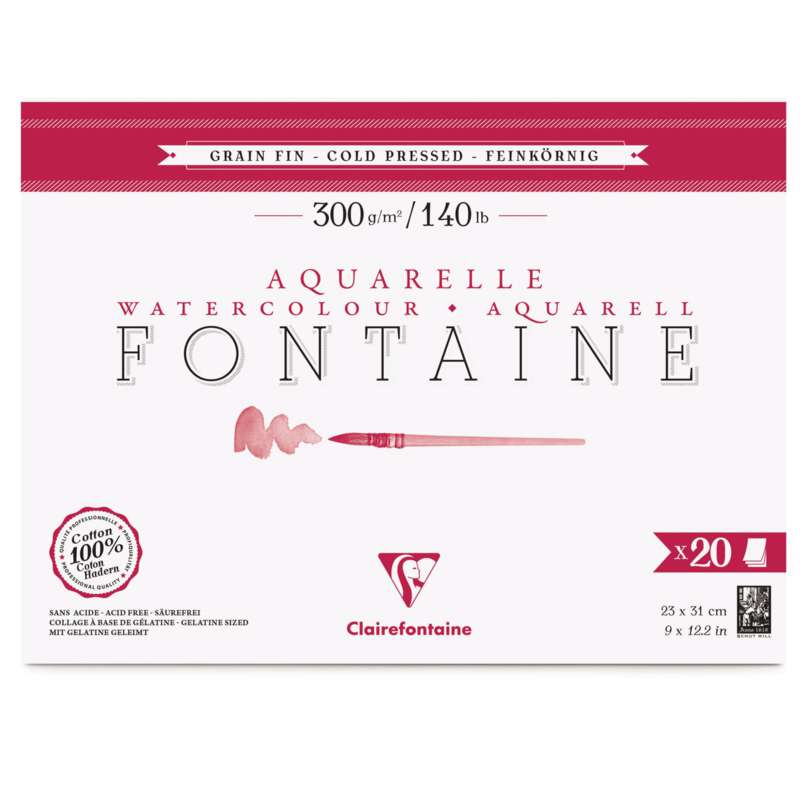 Papier Aquarelle Fontaine de Clairefontaine (Grain Fin 300g/m²), 23 x 31 cm -, 300 g/m², Fin, Bloc collé 4 côtés