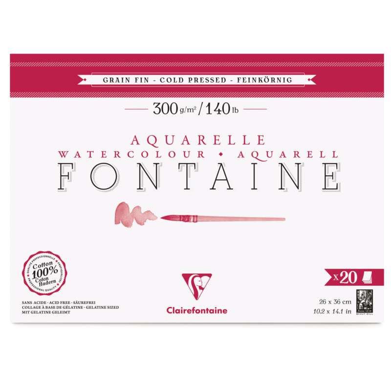 Papier Aquarelle Fontaine de Clairefontaine (Grain Fin 300g/m²), 26 x 36 cm, 300 g/m², Fin, Bloc collé 4 côtés