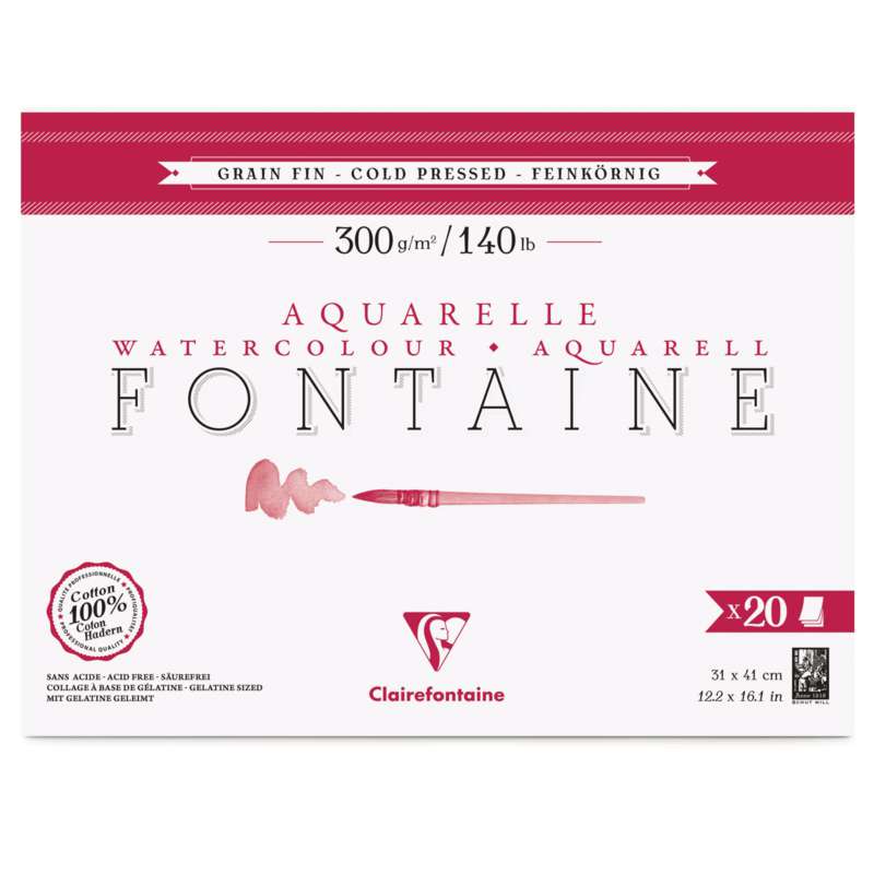 Papier Aquarelle Fontaine de Clairefontaine (Grain Fin 300g/m²), 31 x 41 cm, 300 g/m², Fin, Bloc collé 4 côtés