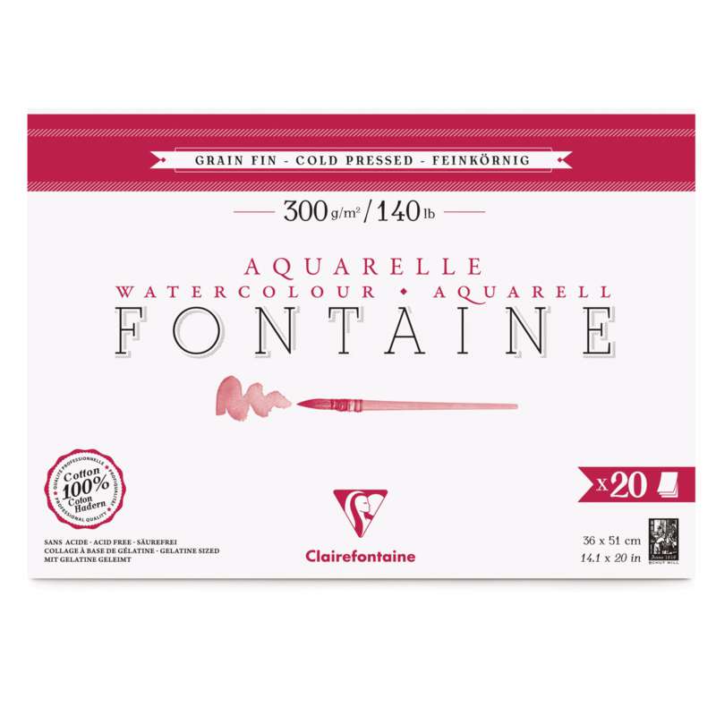 Papier Aquarelle Fontaine de Clairefontaine (Grain Fin 300g/m²), 36 x 51 cm, 300 g/m², Fin, Bloc collé 4 côtés