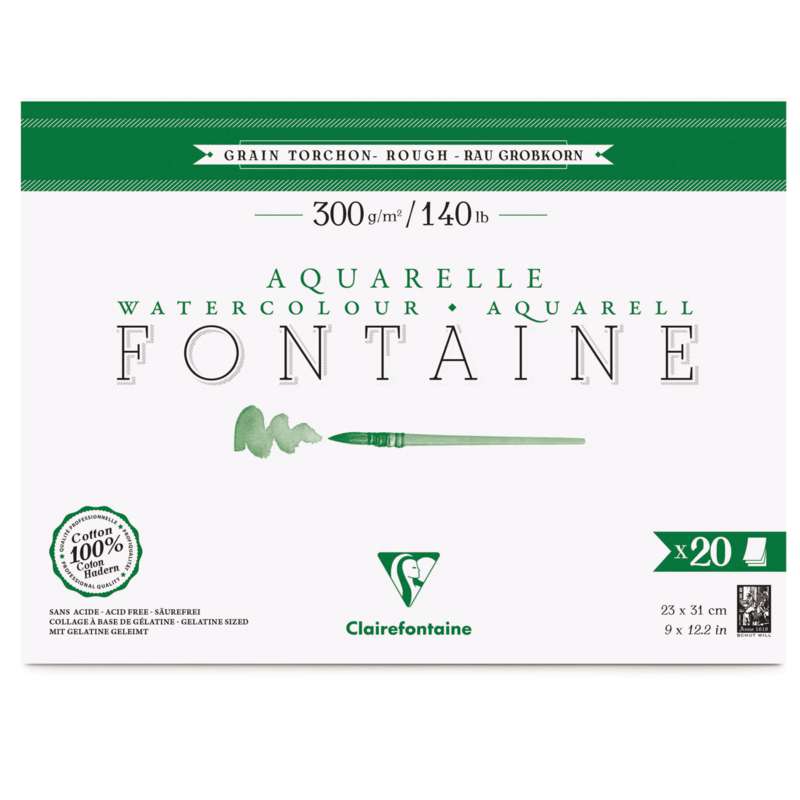 Bloc de papier aquarelle Fontaine de Clairefontaine grain torchon, 23 cm x 31 cm, Bloc collé 4 côtés, 300 g/m²