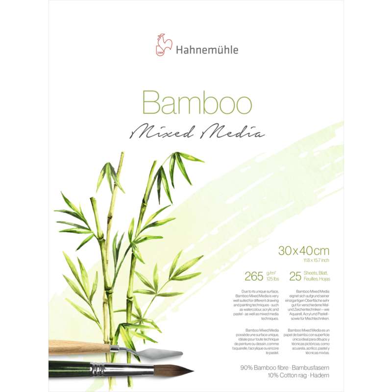 Papier Multi-Techniques Bamboo Hahnemühle, 30 cm x 40 cm, Bloc de 25 feuilles, 265 g/m², Bloc collé 2 côtés