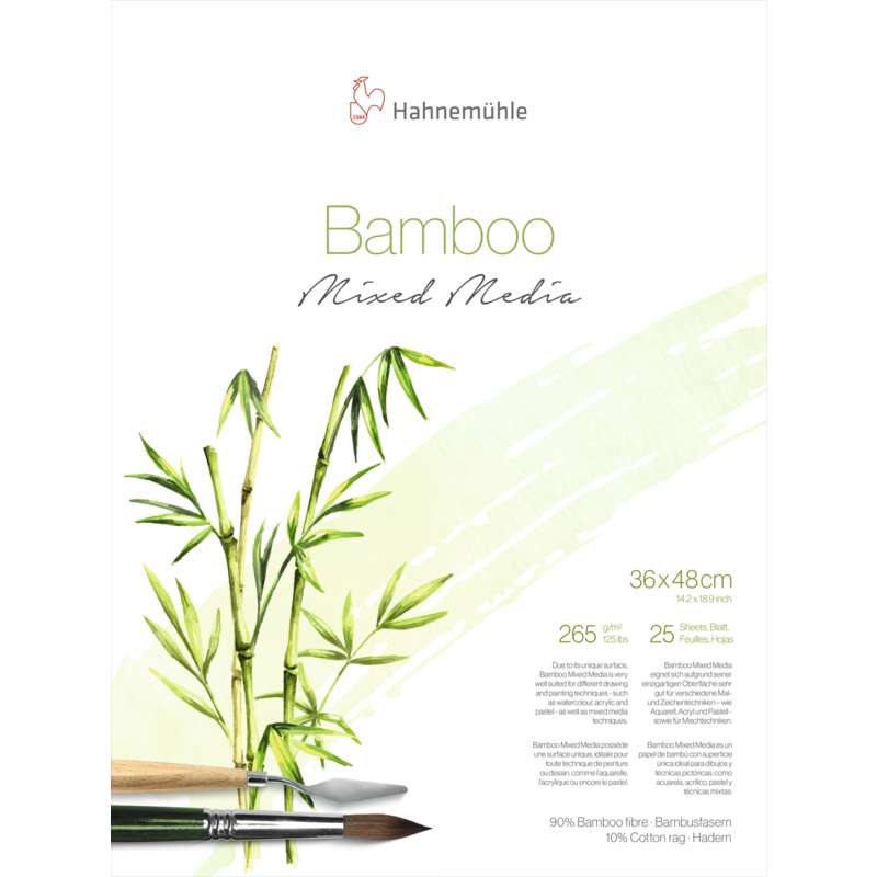 Papier Multi-Techniques Bamboo Hahnemühle, 36 cm x 48 cm, Bloc de 25 feuilles, 265 g/m², Bloc collé 2 côtés