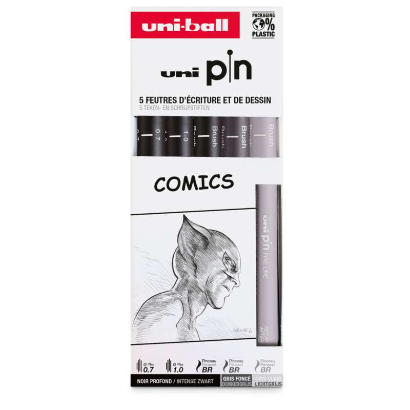 Sets thématiques de 5 feutres Uni-Pin, Set Comics